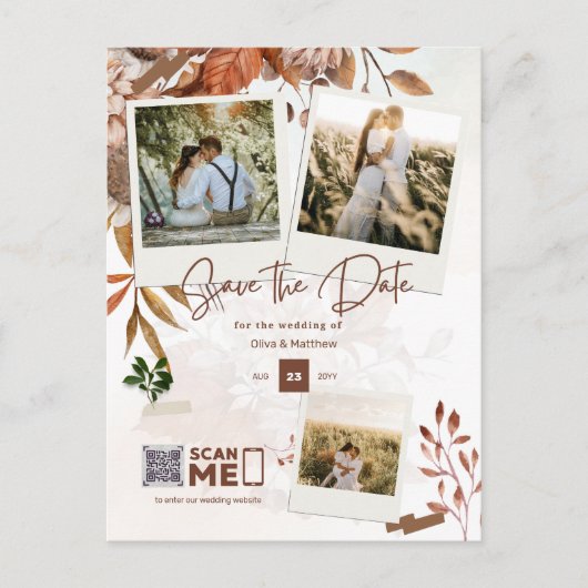 写真の保存日付、秋の秋の結婚式QRコード ポストカード (正面)