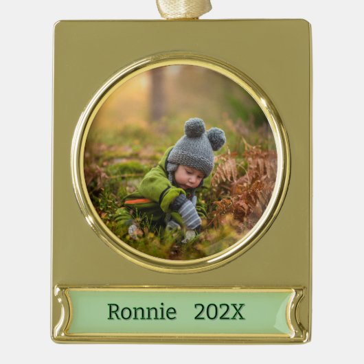 写真の個人用設定 ゴールドプレートバナーオーナメント (正面)