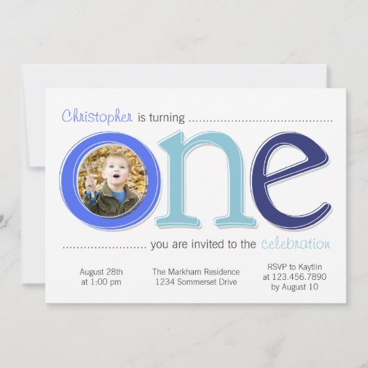 写真の切り出しのバースデー・カード-青との大きい1つ 招待状 (正面)