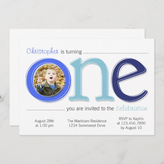 写真の切り出しのバースデー・カード-青との大きい1つ 招待状 (正面/裏面)