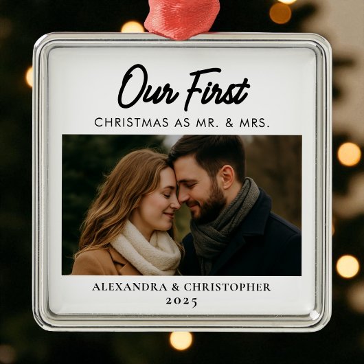 写真の初めてのクリスマスとミセスの写真結婚した メタルオーナメント