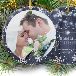 写真の初めてのクリスマスMr.とMrs.rustic winter セラミックオーナメント