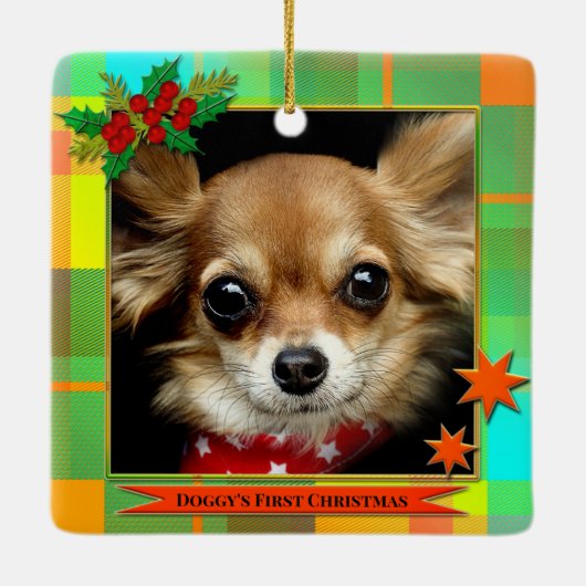 写真の初めてのクリスマスPlaid セラミックオーナメント (裏面)