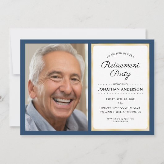 写真の削除パーティー |ネイビーブルーと金ゴールド 招待状 (正面)