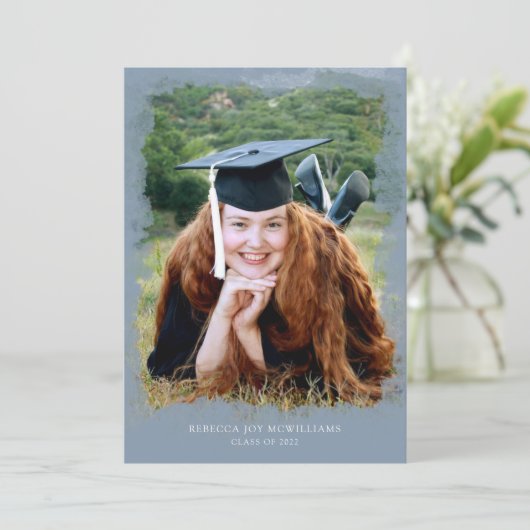 写真の卒業の招待、モダンな挨りだらけの青 招待状 (スタンド正面)