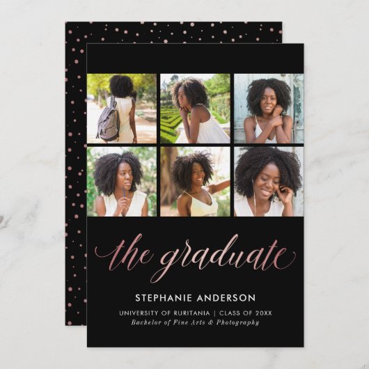 写真の卒業の発表ののどのばら色の金ゴールド 案内状 (正面/裏面)