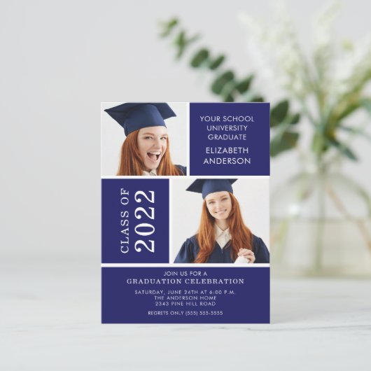 写真の卒業招待状~クラシーブルー&ホワイト ポストカード (スタンド正面)