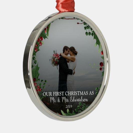 写真の名前とミセスとしての初めてのクリスマス メタルオーナメント (右)