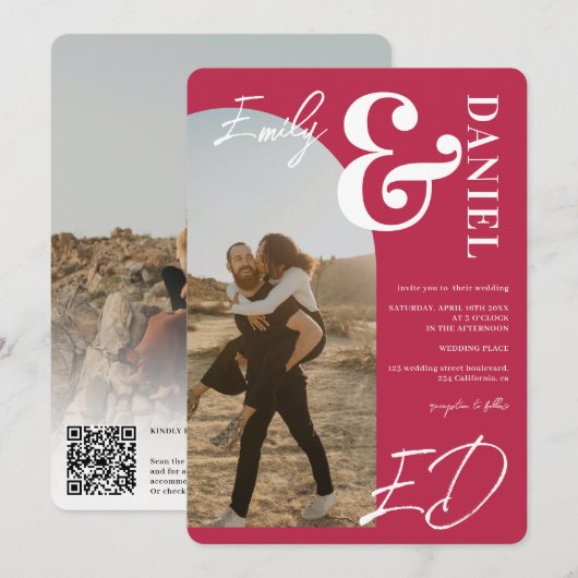 写真の名前はっきりしたスクリプトのマゼンダ結婚ン色 招待状 (正面/裏面)