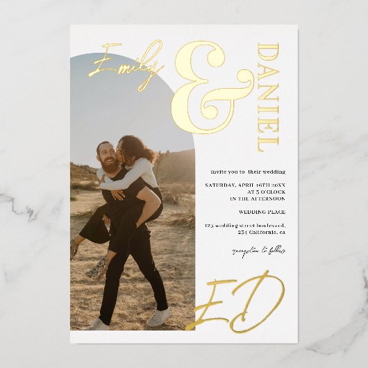 写真の名前はっきりしたスクリプトarch白黒結婚の 箔招待状 (正面)