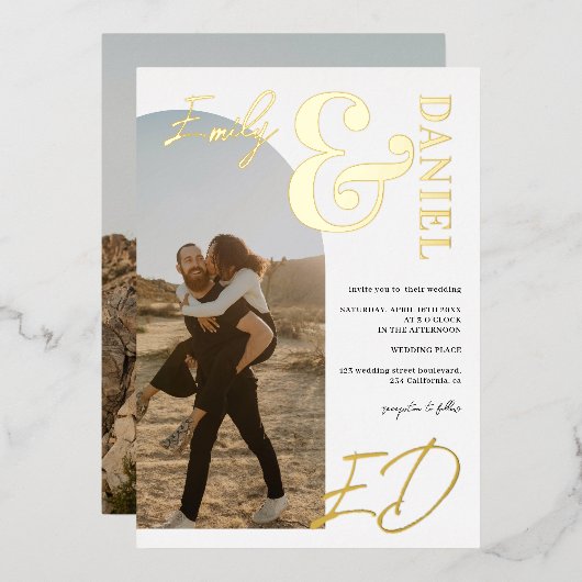 写真の名前はっきりしたスクリプトarch白黒結婚の 箔招待状 (正面/裏面)