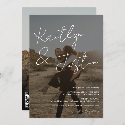 写真の名前スクリプト書道の黒結婚の 招待状 (正面/裏面)