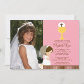 写真の女の子のピンクを祈っている最初聖餐の招待状 招待状 (正面)