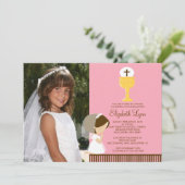写真の女の子のピンクを祈っている最初聖餐の招待状 招待状 (スタンド正面)