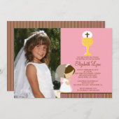 写真の女の子のピンクを祈っている最初聖餐の招待状 招待状 (正面/裏面)