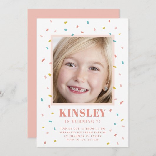 写真の子供の誕生日のパーティの招待状を振りかけます (正面/裏面)