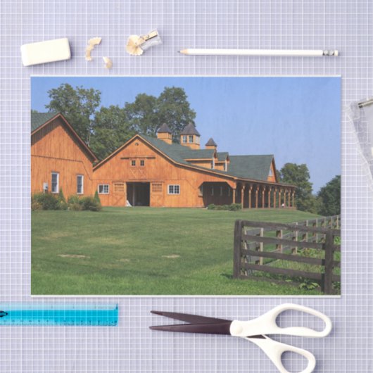 写真の完璧な馬の厩舎がマニキュアの芝生に 薄葉紙 (クラフト)