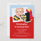 写真の小さい消防士の男の子の最初誕生会 招待状 (正面)