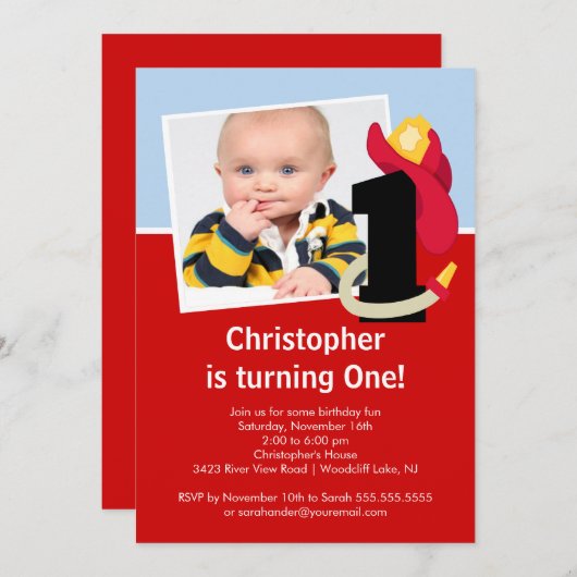 写真の小さい消防士の男の子の最初誕生会 招待状 (正面/裏面)