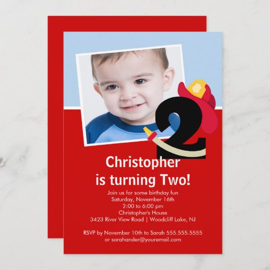 写真の小さい消防士の男の子の第2誕生会 招待状 (正面/裏面)