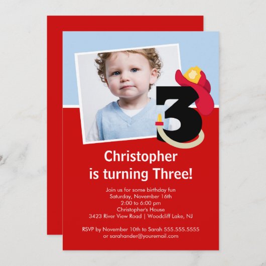 写真の小さい消防士の男の子の第3誕生会 招待状 (正面/裏面)