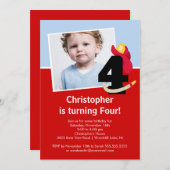 写真の小さい消防士の男の子の第4誕生会 招待状 (正面/裏面)