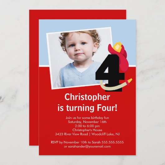 写真の小さい消防士の男の子の第4誕生会 招待状 (正面/裏面)