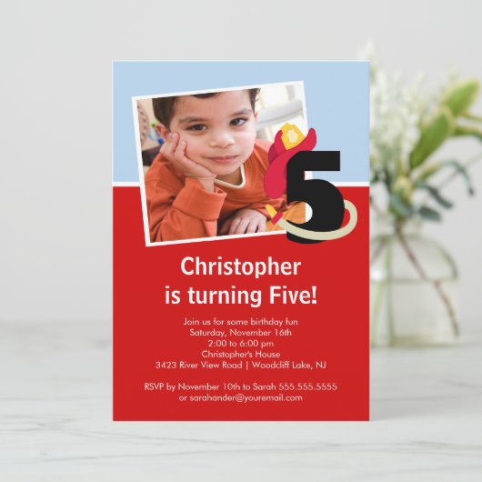 写真の小さい消防士の男の子の第5誕生会 招待状 (スタンド正面)