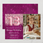 写真の少女 マゼンタ ピンク グリッター 13歳の誕生日 招待状 (正面/裏面)