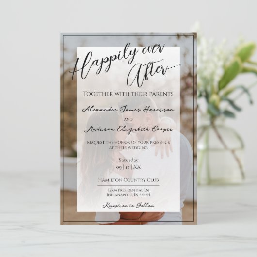 写真の後ずっと幸せ結婚に | 白のオーバーレイ 招待状 (スタンド正面)