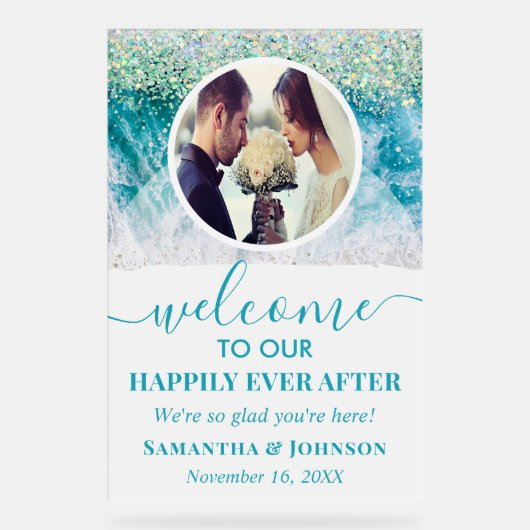 写真の後に幸せなビーチ結婚式へようこそ アクリルサイン (正面)