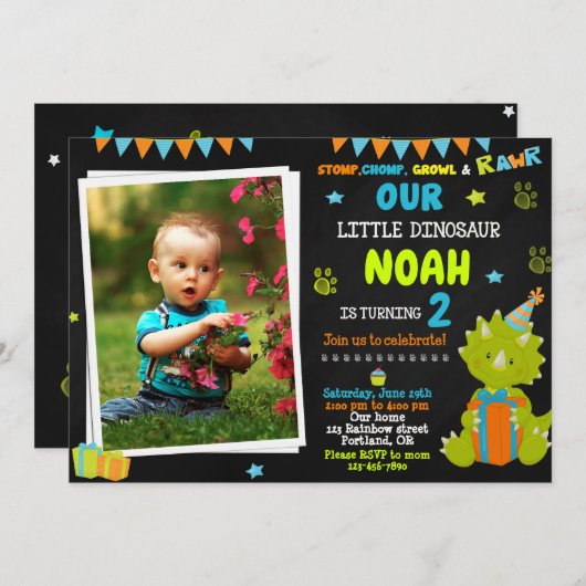 写真の恐竜の誕生日の招待の恐竜パーティー 招待状 (正面/裏面)