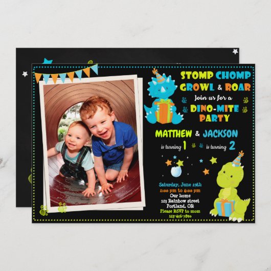 写真の恐竜の誕生日の招待状の共同誕生日 招待状 (正面/裏面)