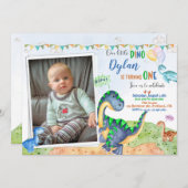 写真の恐竜の誕生日の招待1歳の誕生日 招待状 (正面/裏面)