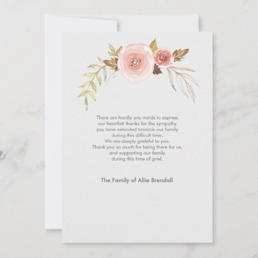 写真の悔やみや弔慰のばら色の水彩画のリースは感謝していしています サンキューカード (裏面)