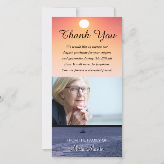 写真の悔やみや弔慰の記念物はヨットの日没感謝していしています サンキューカード (正面)