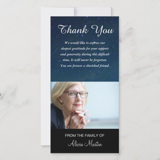 写真の悔やみや弔慰の記念物は夜空の星感謝していしています サンキューカード (正面)