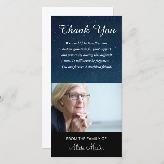 写真の悔やみや弔慰の記念物は夜空の星感謝していしています サンキューカード (正面/裏面)