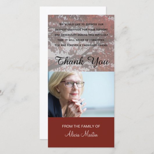 写真の悔やみや弔慰の記念物は赤い秋の木感謝していしています サンキューカード (正面/裏面)