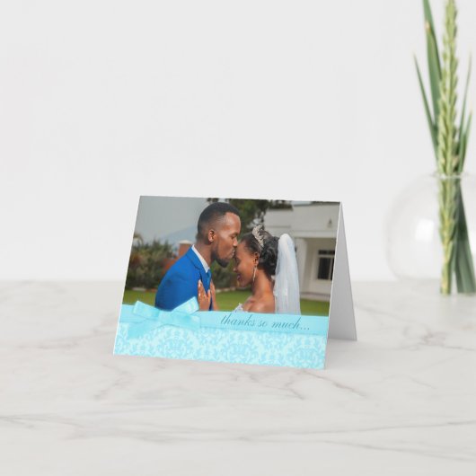 写真の感謝状 ダマスク 結婚式 淡い青のカード サンキューカード (正面)