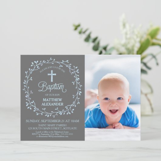 写真の招待状に洗礼を施す洗礼男の子の招待 招待状 (スタンド正面)