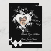 写真の招待状5x7を結婚する黒く及び白いハート 招待状 (正面/裏面)