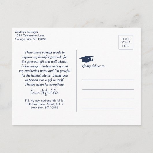 写真の新しいアドレス卒業ネイビーホワイトありがとう ポストカード (裏面)