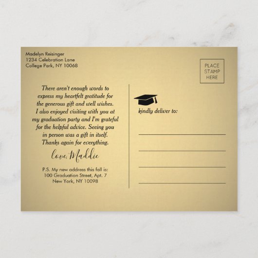写真の新しいアドレス黒金ゴールド卒業ありがとう ポストカード (裏面)