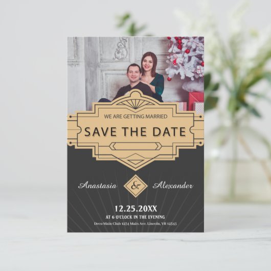 写真の日付のアールデコ結婚カードをカスタム保存 セーブザデート (スタンド正面)