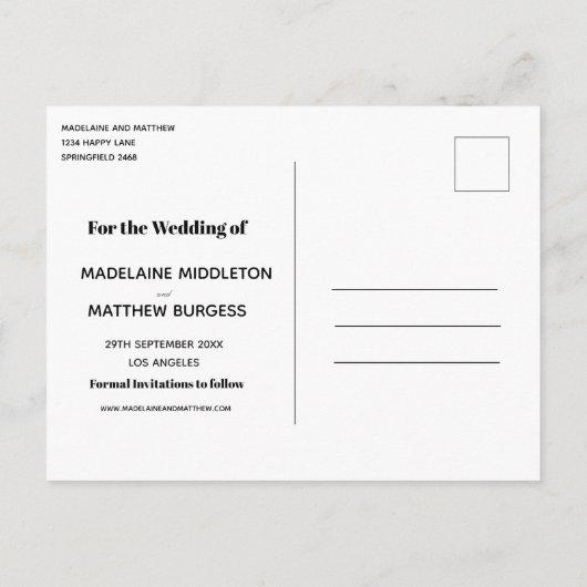 写真の日付の結婚夕べの保モダン存 案内ポストカード (裏面)