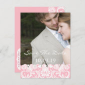 写真の日付をピンクとホワイトダマスクで保存 案内ポストカード (正面/裏面)