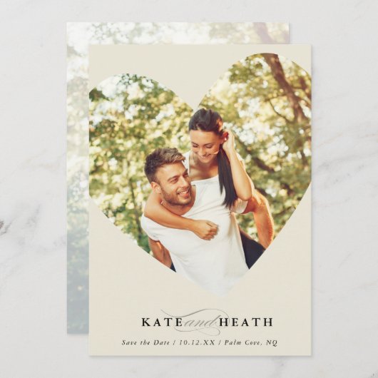 写真の日付を保モダン存するエレガントハートアイボリー 招待状 (正面/裏面)