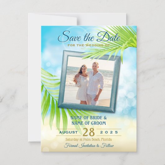 写真の日付を保存するビーチ結婚式の手のひら葉の マグネット招待状 (正面)
