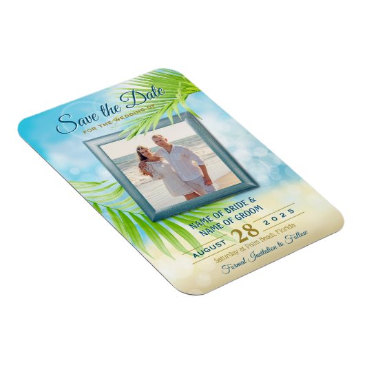 写真の日付を保存するビーチ結婚式の手のひら葉の マグネット (右側)
